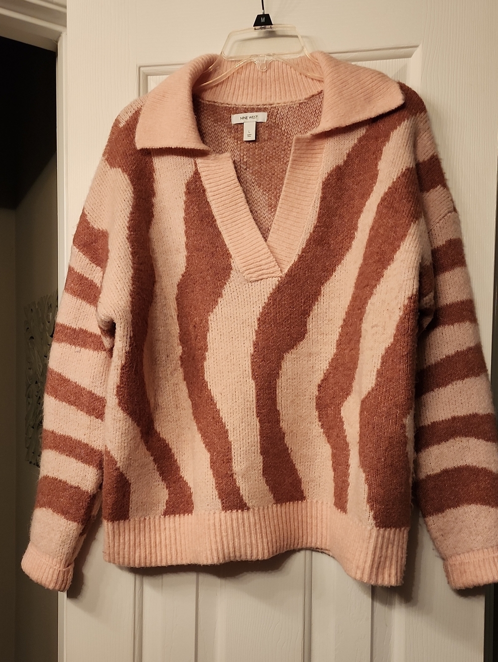 Nine West Pink and Brown V‑Neck Zebra Stripe Sweater
